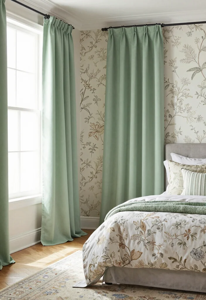 16 Sage Green Curtains Bedroom Ideas: Calm Elegant Touch - 3. Play with Patterns 1