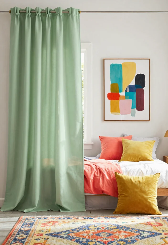 16 Sage Green Curtains Bedroom Ideas: Calm Elegant Touch - 9. Brighten with Accessories 1