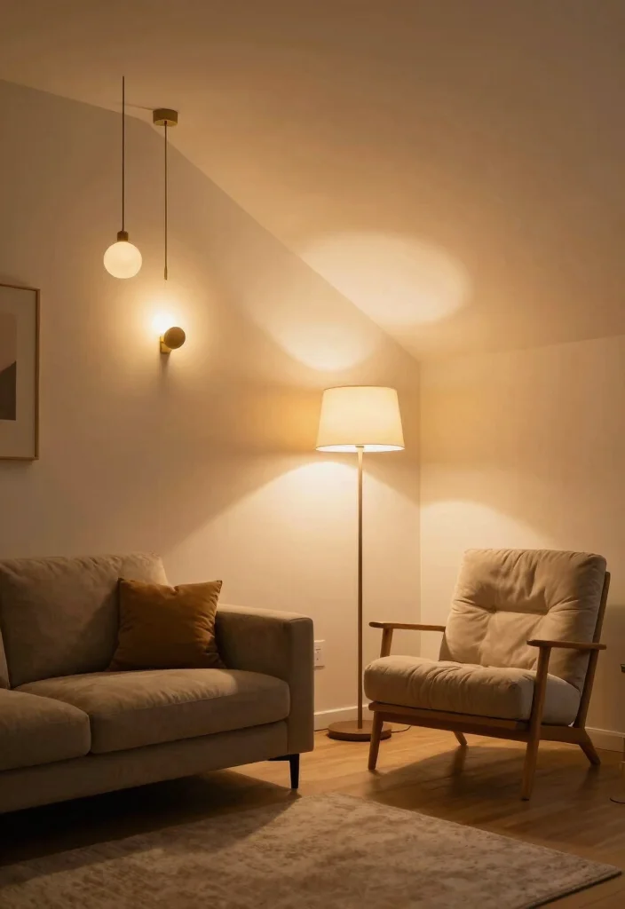16 Slanted Wall Living Room Ideas: Smart Design Solutions - 6. Layered Lighting 1