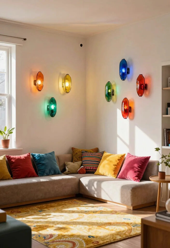 16 Wall Sconces Living Room Ideas for Soft Ambient Lighting - 11. Colorful Glass Sconces 1