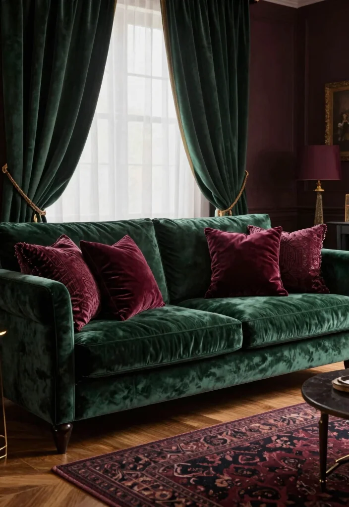 16 Witchy Living Room Decor Ideas: Dark Mystical Charm - 1. Velvet Textiles for a Cozy Vibe 1