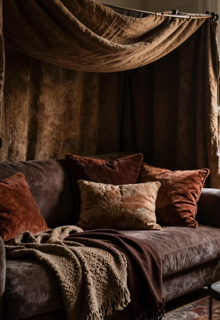 16 Witchy Living Room Decor Ideas: Dark Mystical Charm - 13. Layered Fabrics for Opulent Touch 1