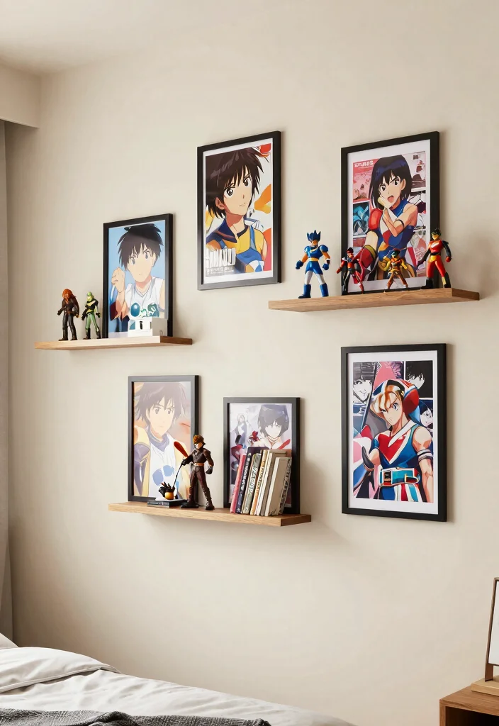 17 Anime Poster Wall Bedroom Ideas to Express Your Personal Style - 8. Floating Shelves with Art 1