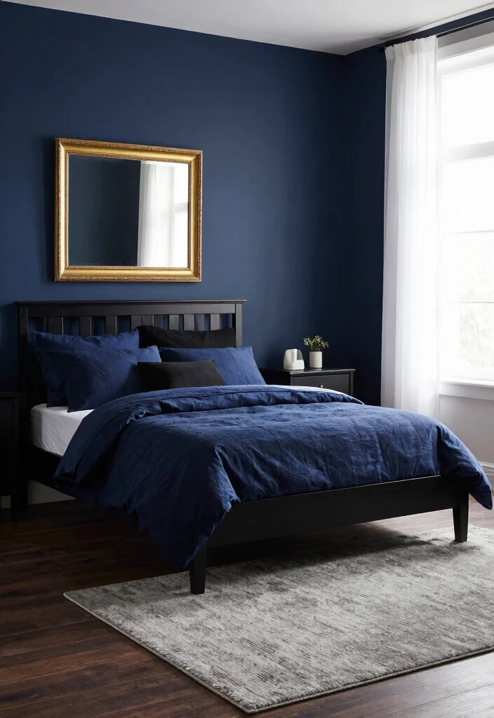 17 Blue and Black Bedroom Ideas Bold Modern Contrast - 1. Navy Walls with Black Accents 1