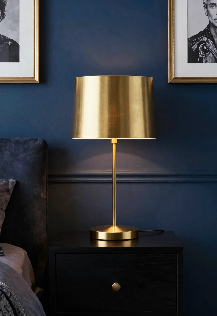 17 Blue and Black Bedroom Ideas Bold Modern Contrast - 10. Bold Accents with Metallic Finishes 1