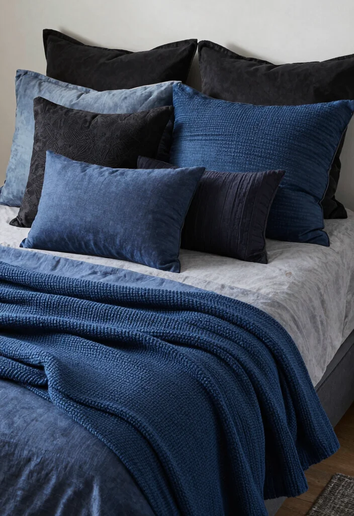 17 Blue and Black Bedroom Ideas Bold Modern Contrast - 11. Textured Throws and Pillows 1
