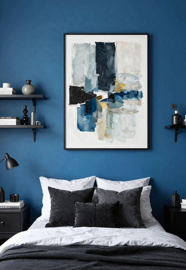 17 Blue and Black Bedroom Ideas Bold Modern Contrast - 13. A Blue Accent Wall with Black Decor 1