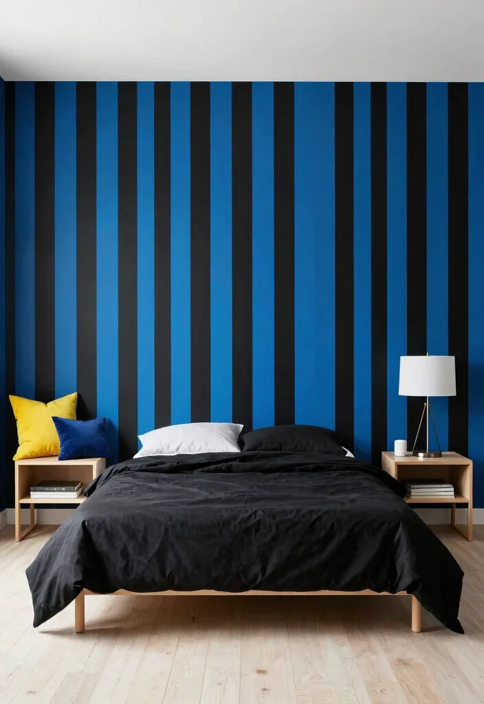 17 Blue and Black Bedroom Ideas Bold Modern Contrast - 2. Black and Blue Striped Wallpaper 1