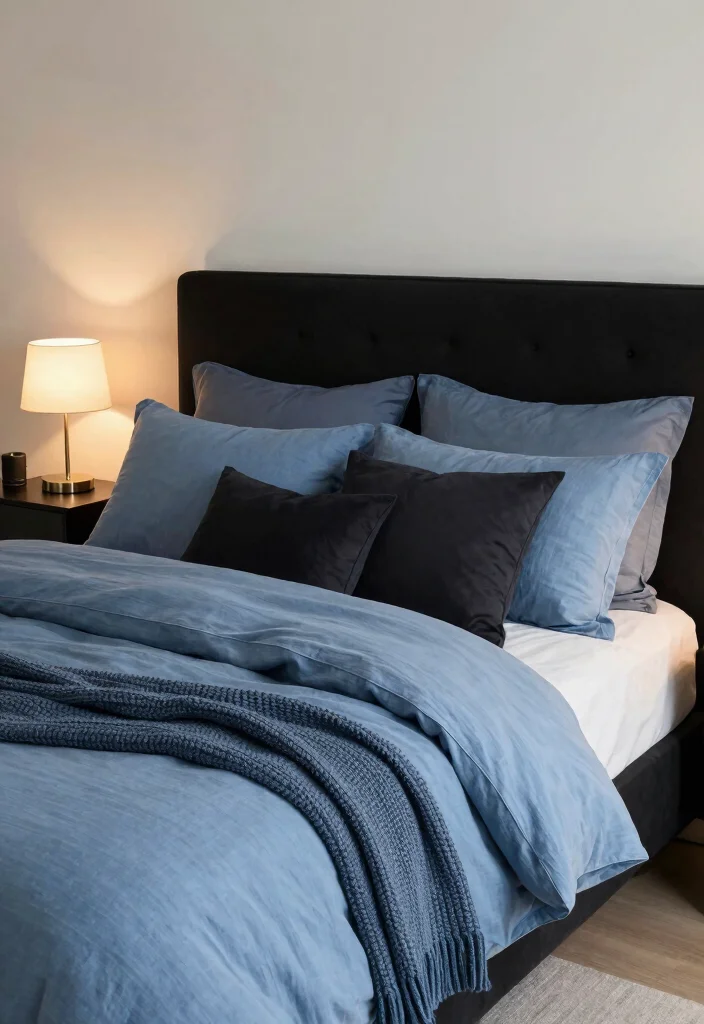 17 Blue and Black Bedroom Ideas Bold Modern Contrast - 4. Soft Blue Linens with Black Upholstered Headboard 1