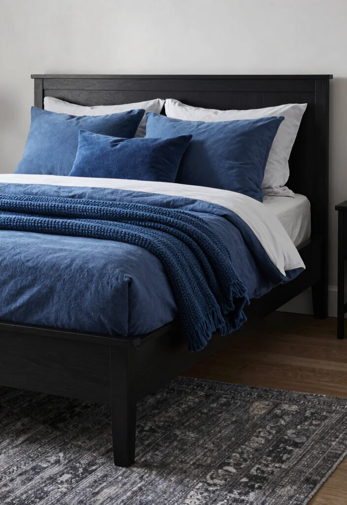 17 Blue and Black Bedroom Ideas Bold Modern Contrast - 6. Layering Textures for Depth 1