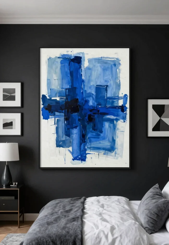 17 Blue and Black Bedroom Ideas Bold Modern Contrast - 7. Bold Art Pieces for Statement-making 1