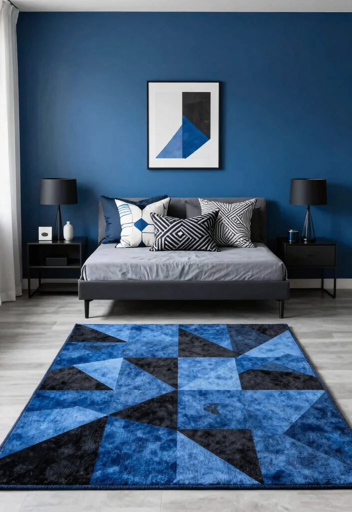 17 Blue and Black Bedroom Ideas Bold Modern Contrast - 8. Geometric Patterns 1