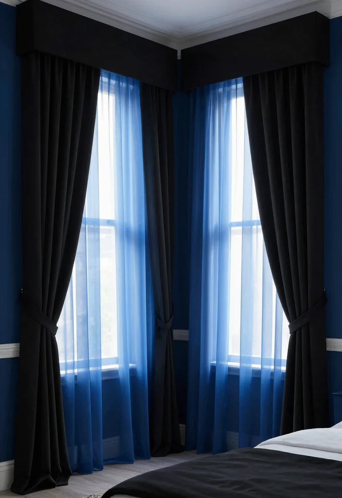 17 Blue and Black Bedroom Ideas Bold Modern Contrast - 9. Contrasting Window Treatments 1