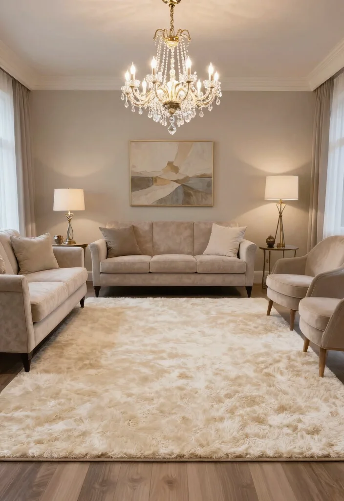 17 Cream Rug Living Room Ideas: Soft Neutral Base - 10. Statement Lighting with Cream Rugs 1