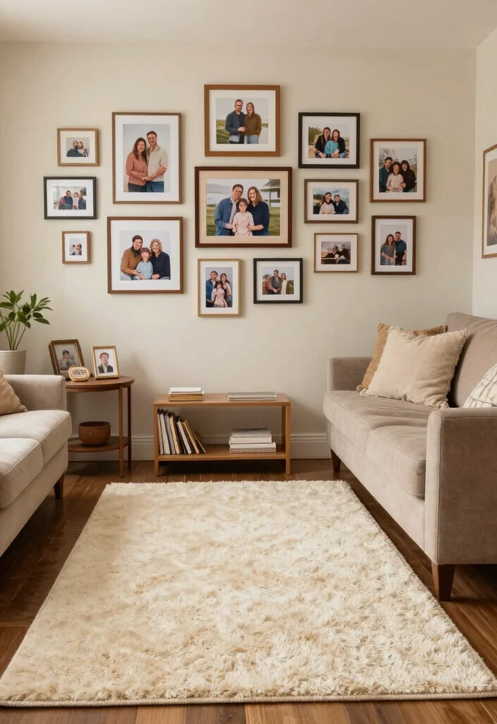 17 Cream Rug Living Room Ideas: Soft Neutral Base - 16. Personal Touches with Family Photos 1
