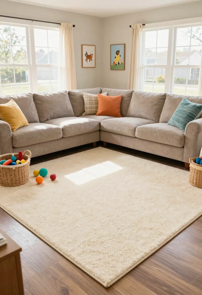 17 Cream Rug Living Room Ideas: Soft Neutral Base - 9. Crafting a Family-Friendly Space 1