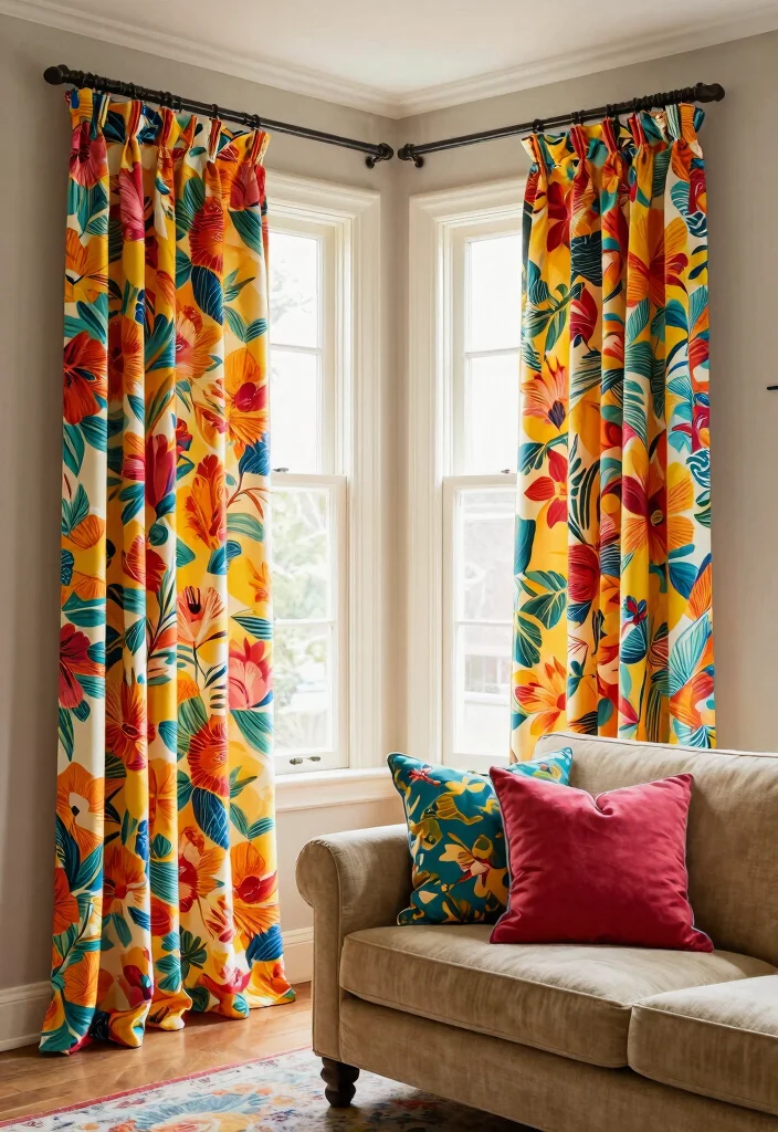 17 Curtains for Bay Window in Living Room Ideas Elegant Fit - 6. Printed Fabric Curtains for Vibrant Energy 1