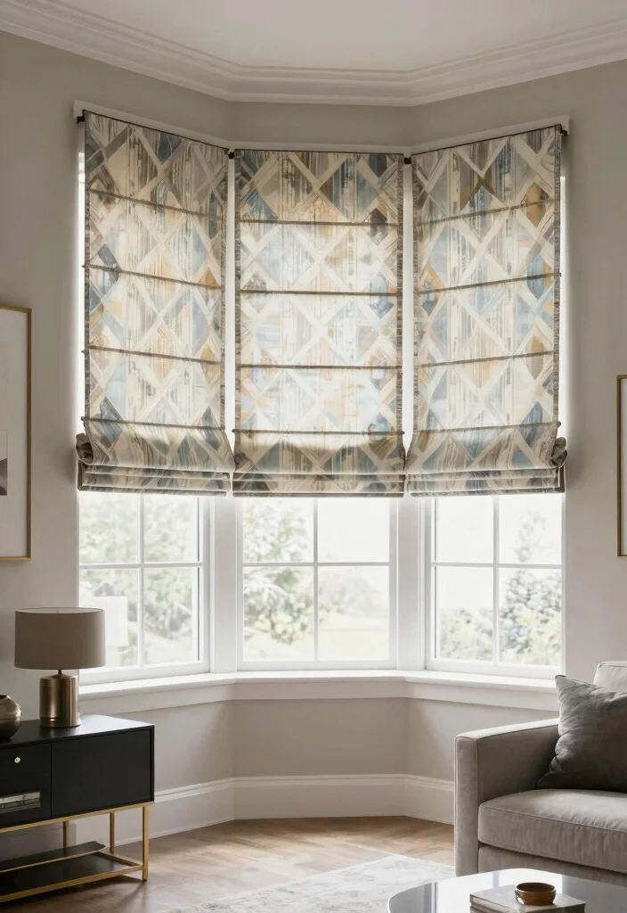 17 Curtains for Bay Window in Living Room Ideas Elegant Fit - 8. Patterned Roman Shades for Modern Chic 1