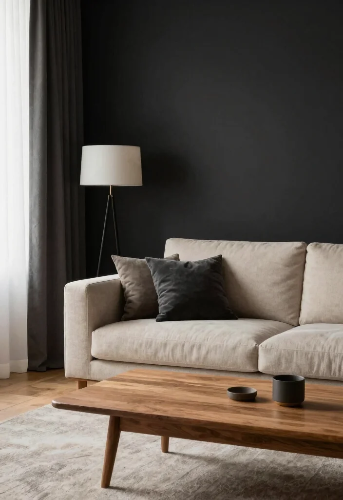 17 Dark Accent Wall Living Room Ideas for a Moody Sophisticated Look - 10. Soft Black for a Unique Twist 1