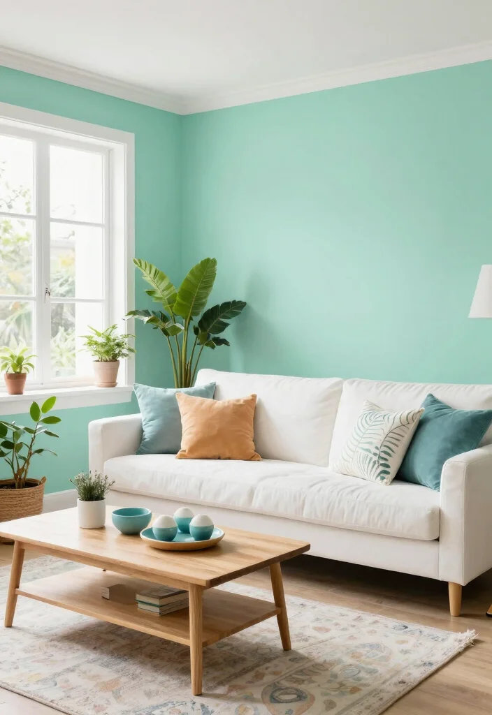 17 Dark Accent Wall Living Room Ideas for a Moody Sophisticated Look - 11. Seafoam Green for a Fresh Touch 1