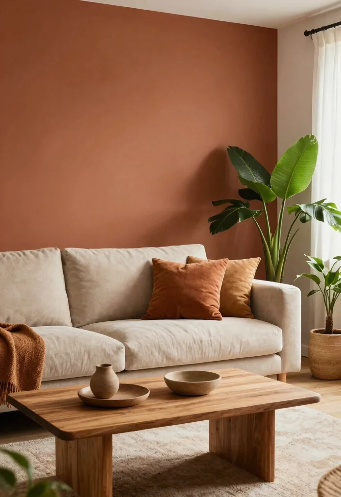 17 Dark Accent Wall Living Room Ideas for a Moody Sophisticated Look - 14. Terracotta for Earthy Warmth 1