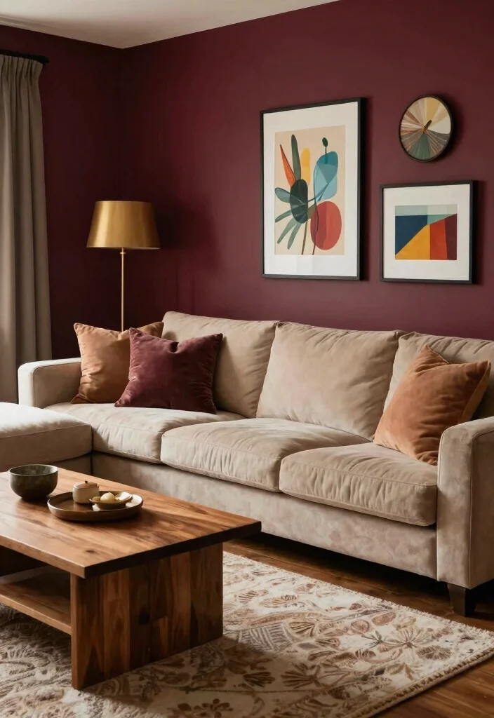 17 Dark Accent Wall Living Room Ideas for a Moody Sophisticated Look - 5. Rich Burgundy for Warmth and Depth 1
