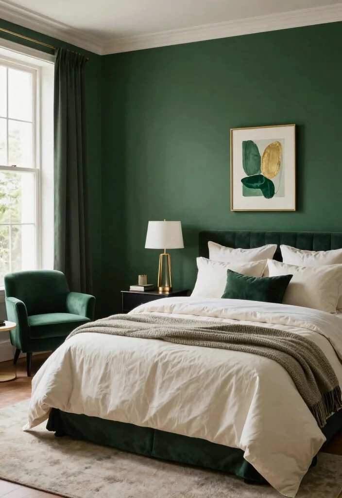 17 Dark Green and Cream Bedroom Ideas for an Elegant Natural Balance - 1. Lush Dark Green Accent Wall 1