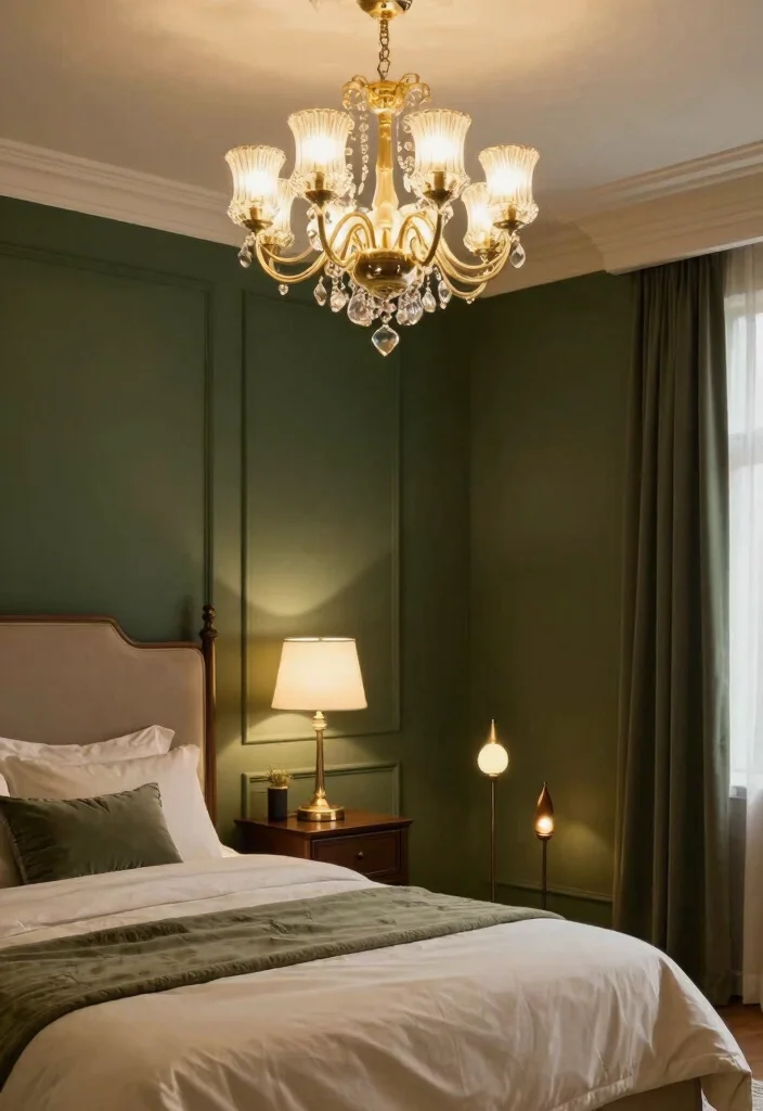 17 Dark Green and Cream Bedroom Ideas for an Elegant Natural Balance - 11. Layered Lighting Techniques 1