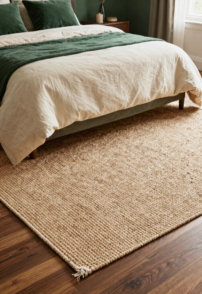 17 Dark Green and Cream Bedroom Ideas for an Elegant Natural Balance - 13. Soft, Natural Rugs 1