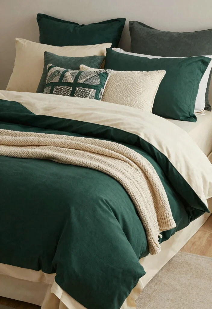17 Dark Green and Cream Bedroom Ideas for an Elegant Natural Balance - 14. Cozy Layered Bedding 1