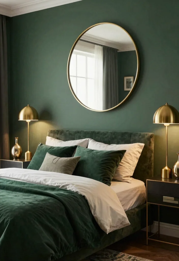 17 Dark Green and Cream Bedroom Ideas for an Elegant Natural Balance - 15. Incorporate Metallic Accents 1