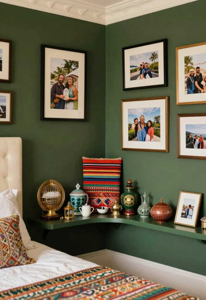 17 Dark Green and Cream Bedroom Ideas for an Elegant Natural Balance - 17. Incorporating Personal Mementos 1