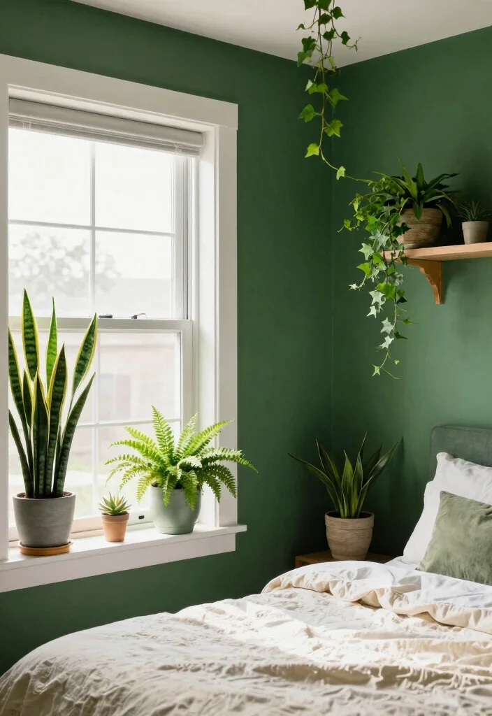17 Dark Green and Cream Bedroom Ideas for an Elegant Natural Balance - 4. Greenery to Enliven the Space 1