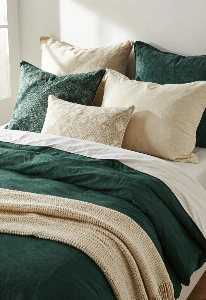 17 Dark Green and Cream Bedroom Ideas for an Elegant Natural Balance - 6. Textured Accent Pillows 1