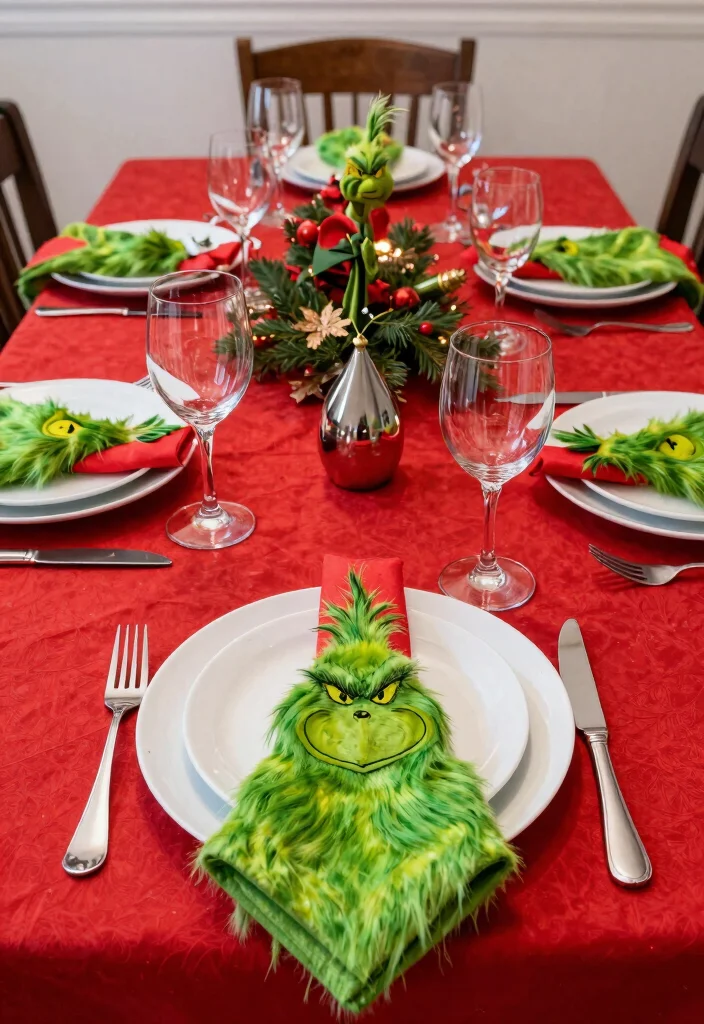 17 Grinch Living Room Decor Ideas for a Fun Festive Theme - 15. Whimsical Grinch Tablescape 1