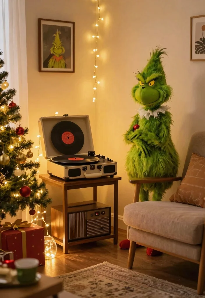 17 Grinch Living Room Decor Ideas for a Fun Festive Theme - 16. Grinchy Holiday Music Corner 1