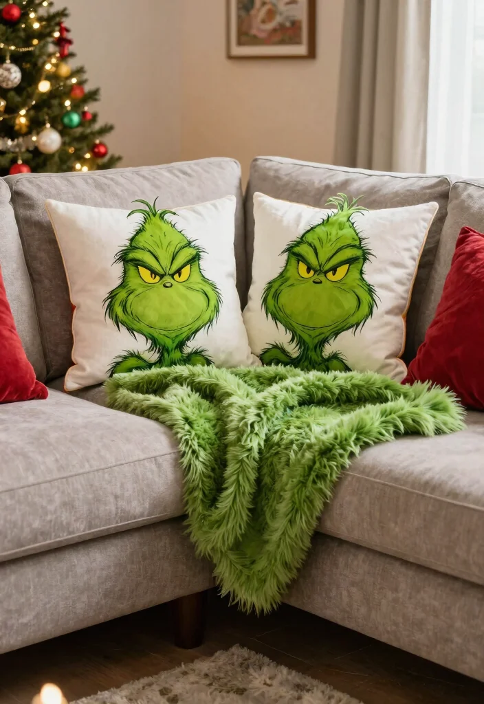 17 Grinch Living Room Decor Ideas for a Fun Festive Theme - 4. Cozy Grinch Throws and Pillows 1