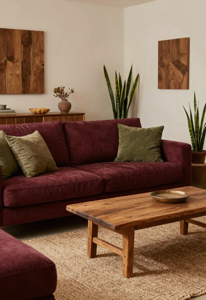 17 Maroon Sofa Living Room Ideas Rich Cozy Accent - 1. Maroon Sofa with Earthy Accents 1