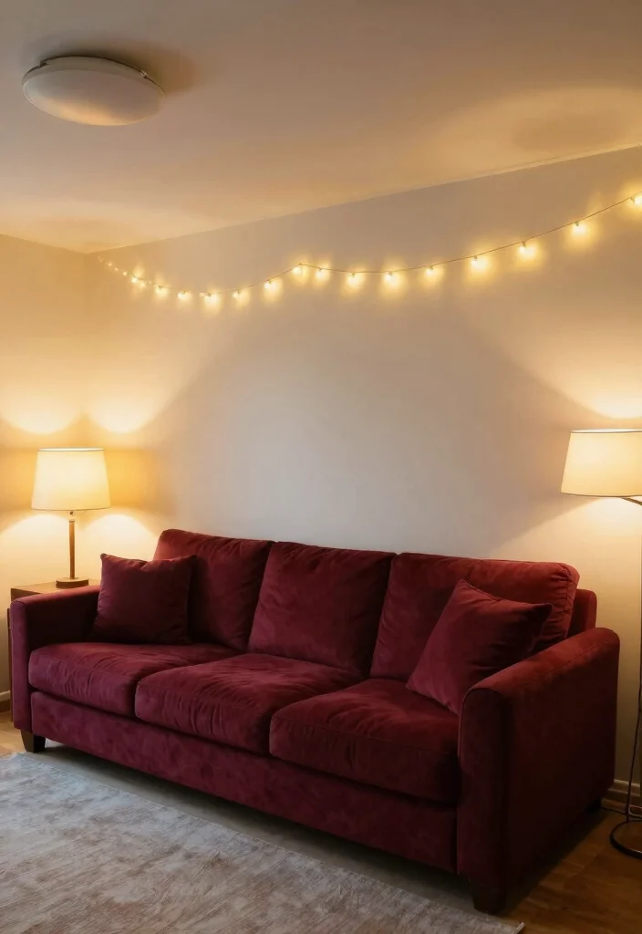 17 Maroon Sofa Living Room Ideas Rich Cozy Accent - 16. Layered Lighting Design 1
