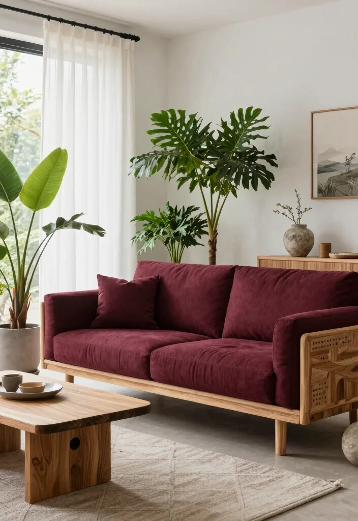17 Maroon Sofa Living Room Ideas Rich Cozy Accent - 17. Outdoor-Inspired Living 1