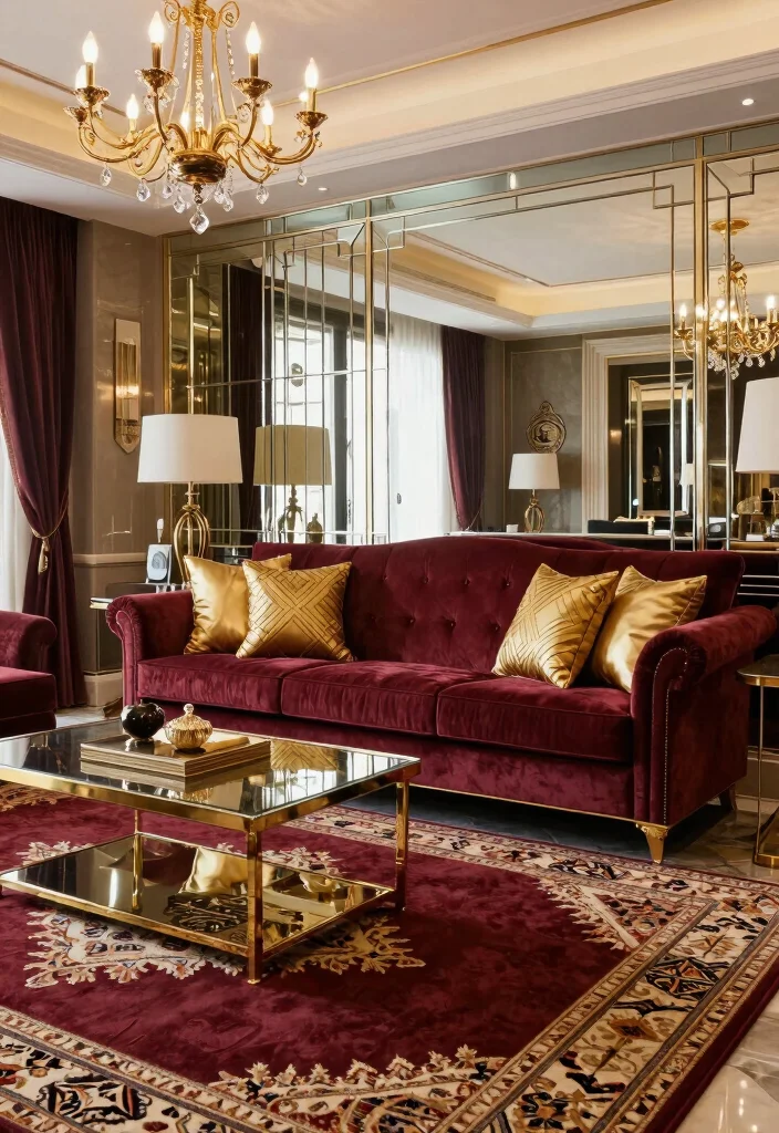 17 Maroon Sofa Living Room Ideas Rich Cozy Accent - 6. Art Deco Elegance 1