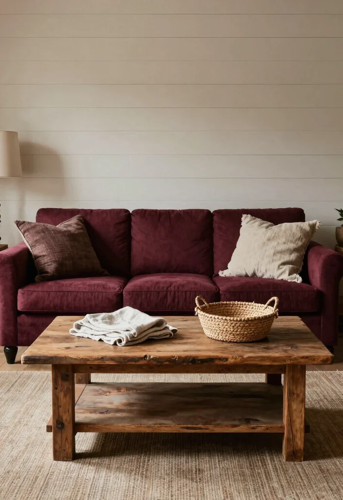 17 Maroon Sofa Living Room Ideas Rich Cozy Accent - 7. Rustic Farmhouse Feel 1