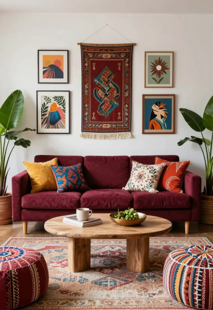 17 Maroon Sofa Living Room Ideas Rich Cozy Accent - 9. Eclectic Boho Style 1