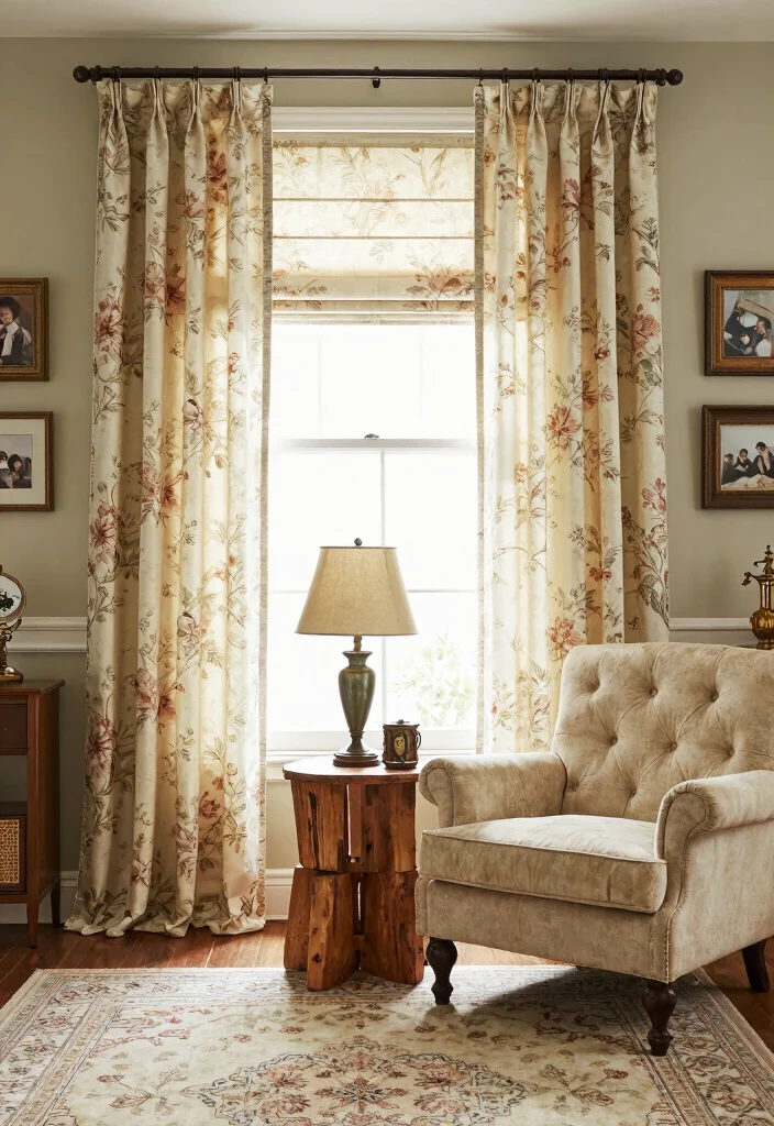 17 Roman Curtains Living Room Ideas Classic Clean Style - 12. Vintage-Inspired Designs 1