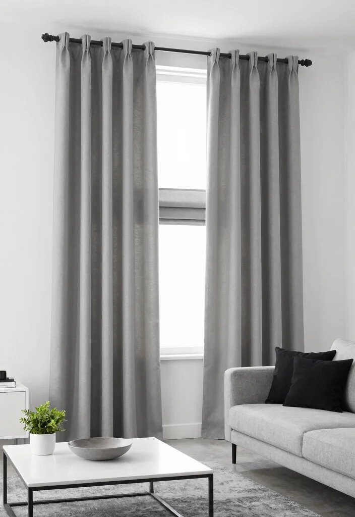 17 Roman Curtains Living Room Ideas Classic Clean Style - 3. Minimalist Monochrome 1