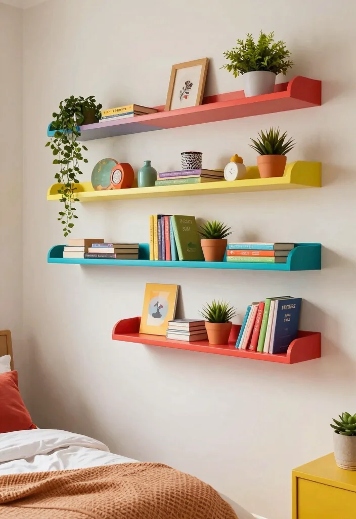 17 Shelves in Bedroom Wall Shelves Ideas Practical Style - 12. Colorful Floating Shelves 1