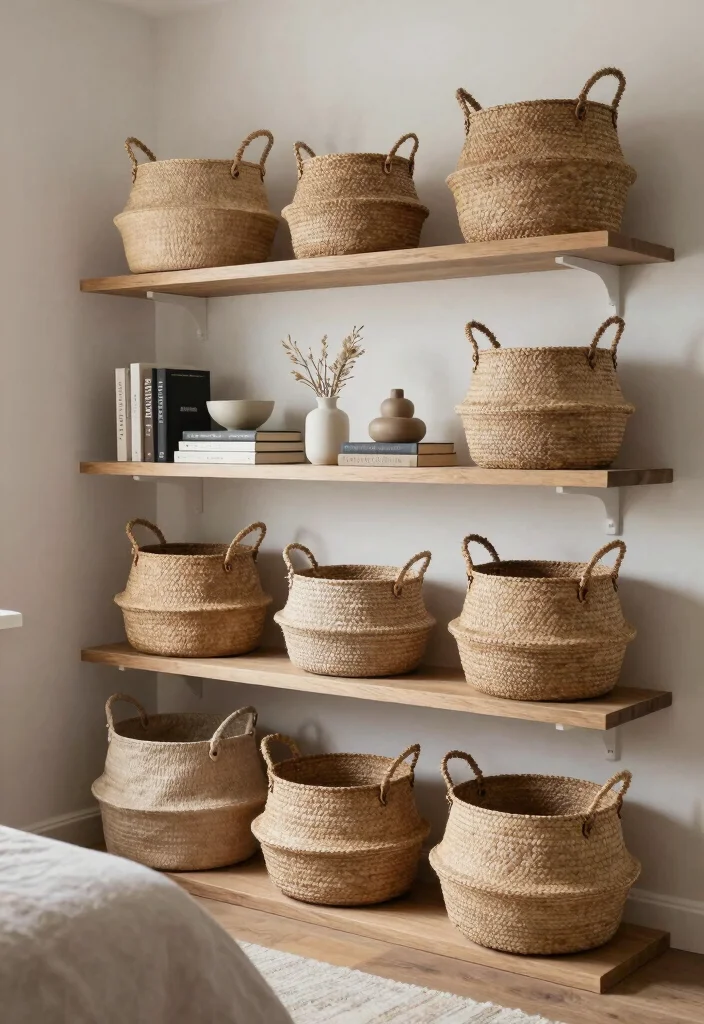 17 Shelves in Bedroom Wall Shelves Ideas Practical Style - 4. Shelving Units with Baskets 1