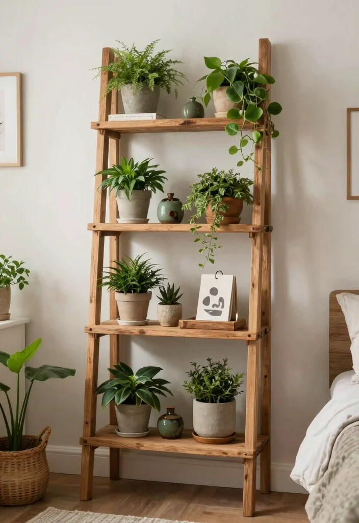 17 Shelves in Bedroom Wall Shelves Ideas Practical Style - 9. Ladder Shelves for a Rustic Charm 1