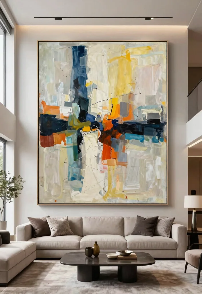 18 Double Height Living Room Wall Design Ideas Grand Impact - 1. Oversized Artwork for Dramatic Impact 1