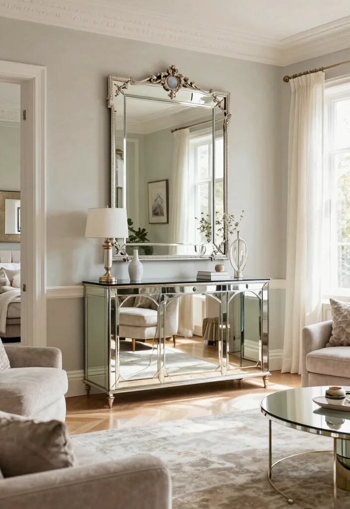 18 Double Height Living Room Wall Design Ideas Grand Impact - 13. Mirrored Accents 1